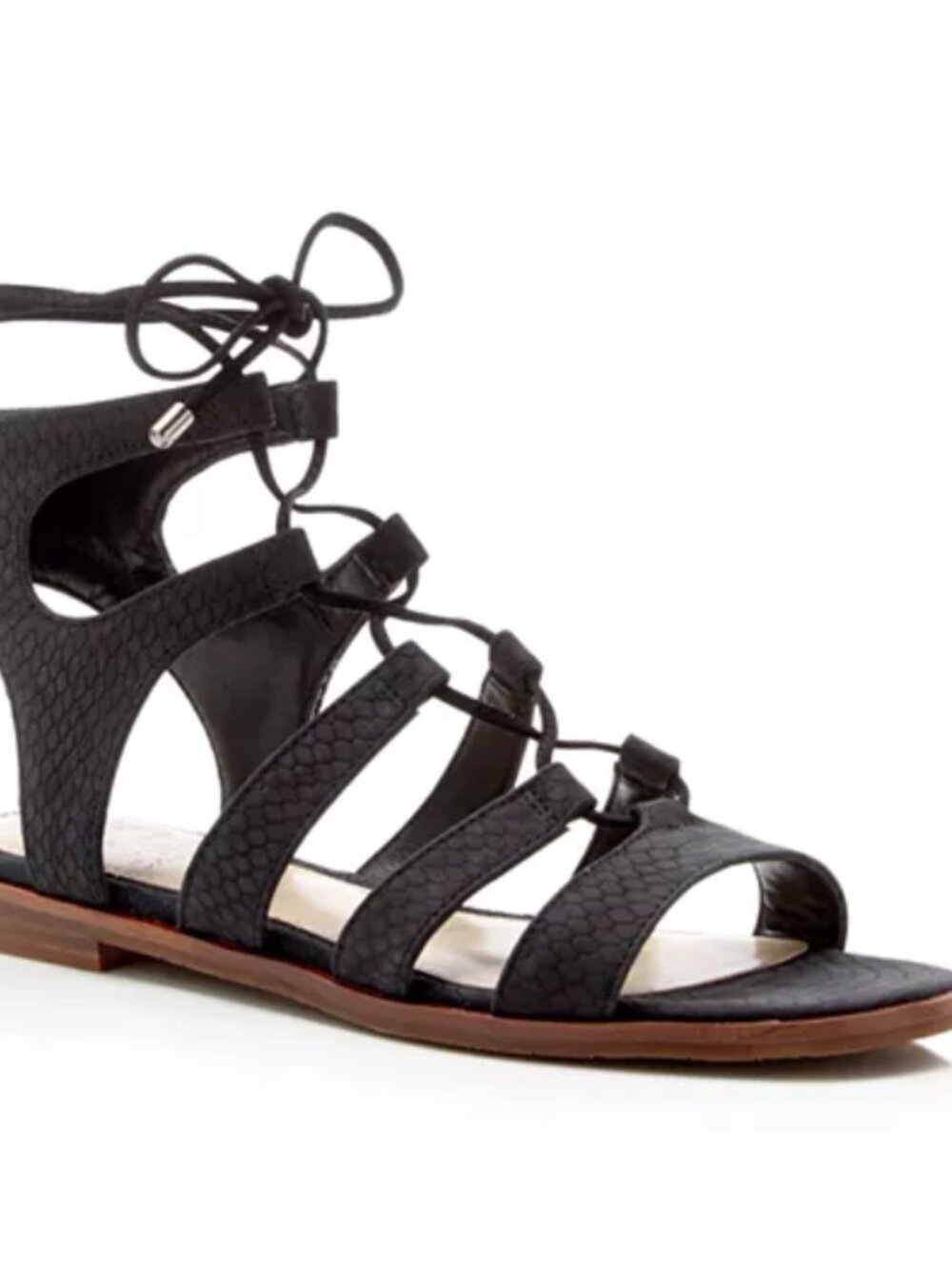 Vince Camuto | Tany Gladiator Sandals Snake Embossed Lace-Up Black Leather Flats